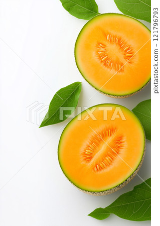 Ripe melons and melon slices with green leaves arranged on white background. Melon wallpaper, banner Ripe melons and melon slices with green leaves arranged on white background. Melon wallpaper, banner 121796793