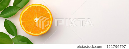 Ripe oranges and orange slices with green leaves arranged on white background. Orange wallpaper, banner Ripe oranges and orange slices with green leaves arranged on white background. Orange wallpaper, banner 121796797