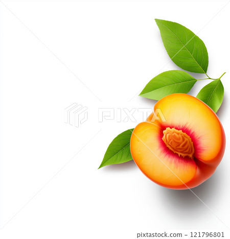 Ripe peaches and peach slices with green leaves arranged on white background. Peach wallpaper, banner 121796801