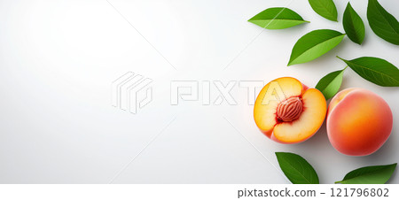 Ripe peaches and peach slices with green leaves arranged on white background. Peach wallpaper, banner 121796802