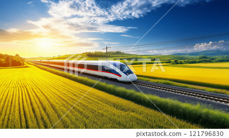 High-speed train traveling through golden fields at sunset, symbolizing speed, efficiency, and the beauty of travel 121796830