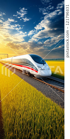 High-speed train traveling through golden fields at sunset, symbolizing speed, efficiency, and the beauty of travel 121796831