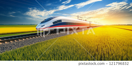 High-speed train traveling through golden fields at sunset, symbolizing speed, efficiency, and the beauty of travel 121796832
