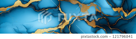 Blue and gold marble texture creating a luxurious background. Blue and gold onyx seamless pattern 121796841
