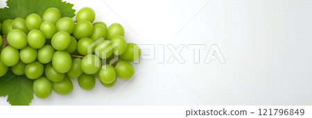 Ripe grapes and grape slices with green leaves arranged on white background. Grapes wallpaper, banner 121796849