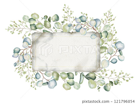 Sheet of paper on background of eucalyptus. Airy watercolor illustration. Ideal for romantic greeting cards, invitations to weddings, birthdays, cosmetics, perfumes. Botanical drawing of green leaves 121796854