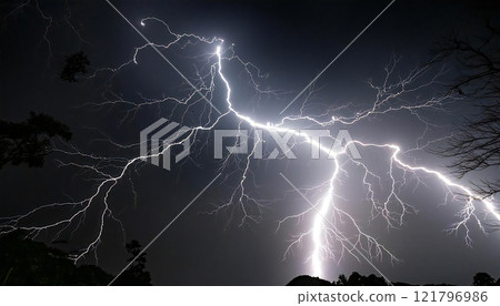 A huge lightning bolt shining in the dark 121796986