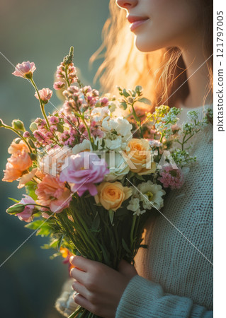Woman holding a flower bouquet 121797005