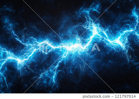Glowing blue lightning bolt flowing through a black background 121797014