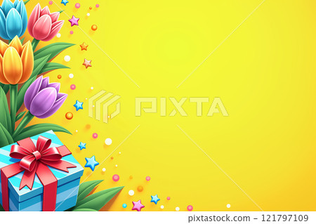 Yellow birthday card with blue gift box. 121797109
