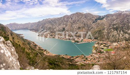 Panoramic view of Kotor town and Bay Boca from mountain view point in Montenegro in winter time 121797154