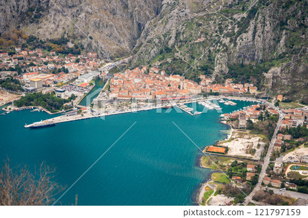 Panoramic view of Kotor town and Bay Boca from mountain view point in Montenegro in winter time 121797159