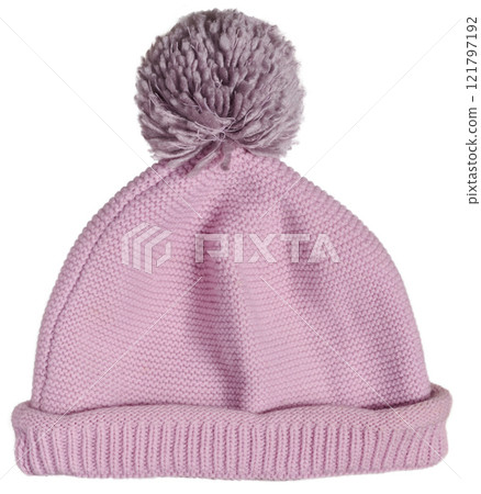 Knitted woolen pink hat with pompom on isolated background 121797192