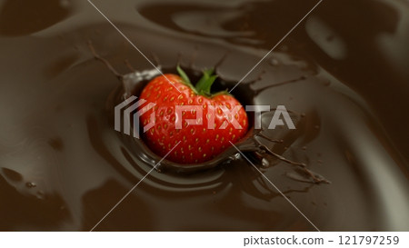 Freeze Motion of Melted Chocolate with Falling Strawberry .,, Close-up 121797259