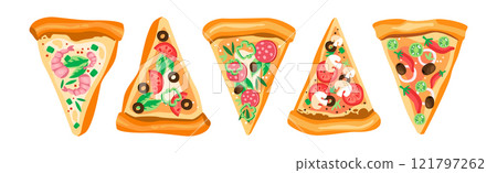 Pizza Slice Cut with Different Topping Vector Set 121797262