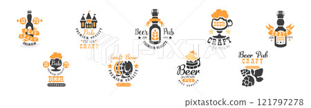 Craft Beer Logo and Label Design with Alcoholic Drink Vector Set 121797278