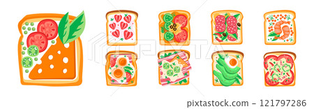 Toast with Bread and Different Top Ingredients Vector Set Toast with Bread and Different Top Ingredients Vector Set 121797286