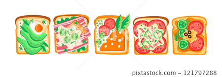Toast with Bread and Different Top Ingredients Vector Set Toast with Bread and Different Top Ingredients Vector Set 121797288
