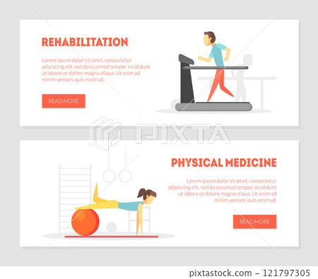 Rehabilitation, Physical Medicine Landing Page, Physiotherapy Horizontal Banners Set, Physical Training and Rehabilitation Exercises Vector Illustration 121797305
