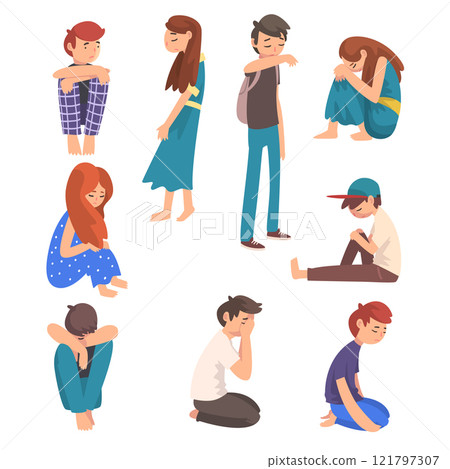 Unhappy Sad Boys and Girls Set, Depressed, Lonely, Anxious, Abused Teenagers Having Problems, Stressed Students Vector Illustration 121797307