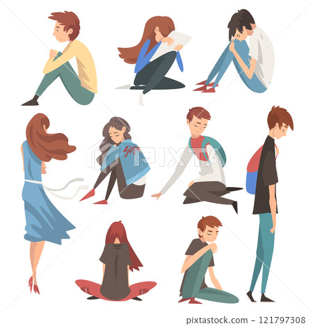 Unhappy Sad Boys and Girls Set, Depressed, Lonely, Anxious, Abused Teenagers Having Problems Vector Illustration 121797308