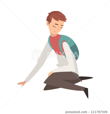 Unhappy Sad Boy Sitting on Floor, Depressed, Lonely, Anxious, Abused Teenager Having Problems, Stressed Student with Backpack Vector Illustration 121797309