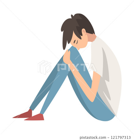 Depressed Boy Sitting on Floor Hugging His Knees, Stressed Teenager, Lonely, Anxious, Abused Boy Having Problems Vector Illustration Depressed Boy Sitting on Floor Hugging His Knees, Stressed Teenager, Lonely, Anxious, Abused Boy Having Problems Vector Illustration 121797313