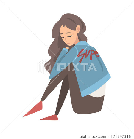 Unhappy Sad Girl Sitting on Floor, Depressed Teenager Having Problems, Front View Vector Illustration 121797316