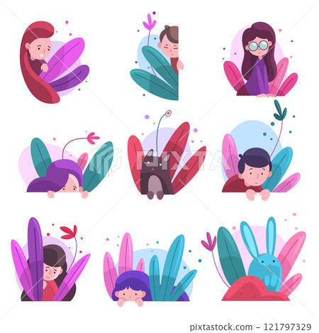 Cute Boys, Girls and Animals Hiding in Bushes Set, Adorable Kids, Bunnies and Cat Peeking Out of Colorful Dense Grass, Bright Imaginary World Vector Illustration Cute Boys, Girls and Animals Hiding in Bushes Set, Adorable Kids, Bunnies and Cat Peeking Out of Colorful Dense Grass, Bright Imaginary World Vector Illustration 121797329
