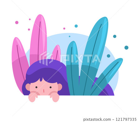 Cute Adorable Girl Hiding Peeking Out of Grass, Bright Imaginary World Vector Illustration Cute Adorable Girl Hiding Peeking Out of Grass, Bright Imaginary World Vector Illustration 121797335