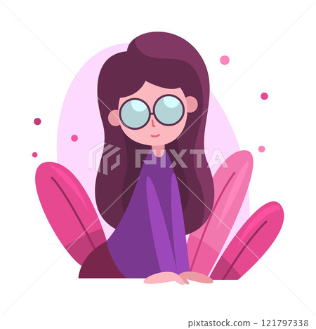 Cute Long Haired Brunette Girl in Glasses Hiding in Bushes, Adorable Kid Peeking Out of Grass, Bright Imaginary World Vector Illustration 121797338