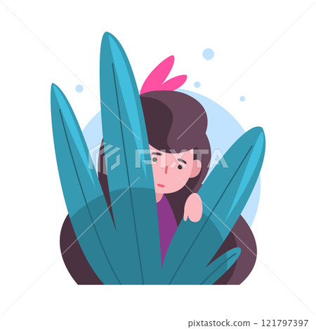 Cute Long Haired Brunette Girl Hiding in Bushes, Adorable Kid Peeking Out of Colorful Dense Grass, Bright Imaginary World Vector Illustration Cute Long Haired Brunette Girl Hiding in Bushes, Adorable Kid Peeking Out of Colorful Dense Grass, Bright Imaginary World Vector Illustration 121797397