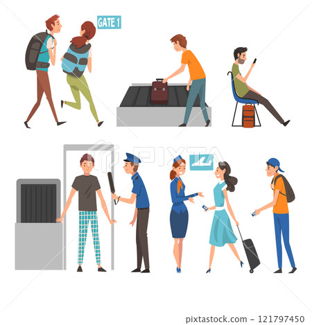 People in Airport Set, Passengers Passing Through Security Scanner, Waiting Check for Registration and Running with their Backpacks to Catch Flight Vector Illustration 121797450