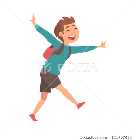 Happy Smiling Boy Running with Backpack at Airport Vector Illustration 121797453