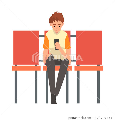 Teen Boy Waiting at Airport Terminal for Flight, Boy Sitting on Chair with Smartphone at Waiting Room Vector Illustration Teen Boy Waiting at Airport Terminal for Flight, Boy Sitting on Chair with Smartphone at Waiting Room Vector Illustration 121797454