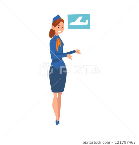 Smiling Stewardess Character Wearing Blue Uniform Doing Welcome Gesture Vector Illustration 121797462