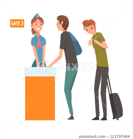 People Standing in Queue with Suitcases For Checking at Airport for Registration Vector Illustration 121797464