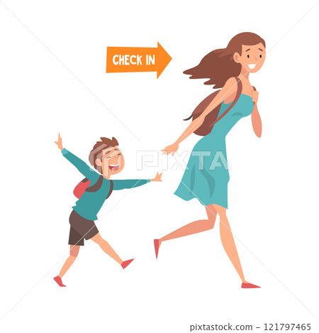 Mother and Her Son Running with their Bags to Catch Flight, Passengers in Hurry at Airport Vector Illustration 121797465