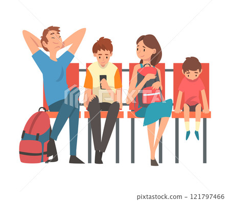Family Waiting at Airport Terminal for Flight, Father, Mother and Their Two Sons Sitting on Chairs at Waiting Room Vector Illustration 121797466