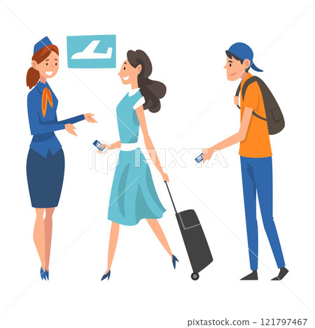 Passengers Waiting Check at Airport, Stewardess Checking Ticket Documents Vector Illustration 121797467