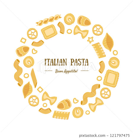Italian Pasta Banner Template Round Frame with Different Types of Traditional Pasta Can Be Used for Menu, Packaging, Fyer, Card Vector Illustration 121797475