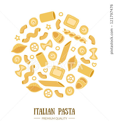 Italian Pasta Banner Template with Different Types of Traditional Pasta of Round Shape Can Be Used for Menu, Packaging, Fyer, Card Vector Illustration Italian Pasta Banner Template with Different Types of Traditional Pasta of Round Shape Can Be Used for Menu, Packaging, Fyer, Card Vector Illustration 121797476