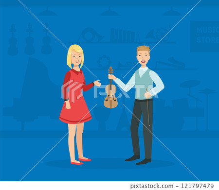 Young Man Choosing and Buying Guitar in Music Store, Female Shop Assistant Selling Musical Instruments Vector Illustration Young Man Choosing and Buying Guitar in Music Store, Female Shop Assistant Selling Musical Instruments Vector Illustration 121797479