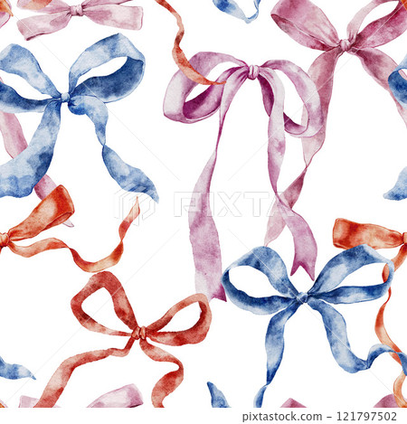 Watercolor red, pink and blue bows seamless pattern. Hand-drawn gift bow isolated on white background. Holiday illustration for design, print, fabric or background. Watercolor red, pink and blue bows seamless pattern. Hand-drawn gift bow isolated on white background. Holiday illustration for design, print, fabric or background. 121797502