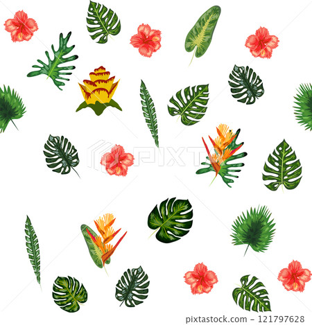 Hand drawn pink hibiscus flower tropical flowers and leaves seamless pattern for summer holiday Hand drawn pink hibiscus flower tropical flowers and leaves seamless pattern for summer holiday 121797628