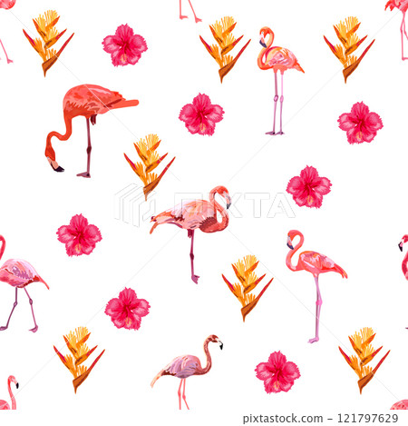 Seamless pattern with cute flamingo with tropical monstera and palm leaves, swimwear fabric 121797629