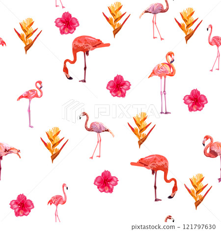 Seamless pattern with cute flamingo with tropical monstera and palm leaves, swimwear fabric 121797630