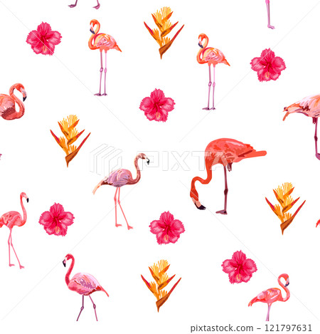 Seamless pattern with cute flamingo with tropical monstera and palm leaves, swimwear fabric 121797631