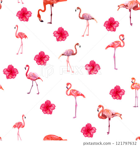 Seamless pattern with cute flamingo with tropical monstera and palm leaves, swimwear fabric 121797632