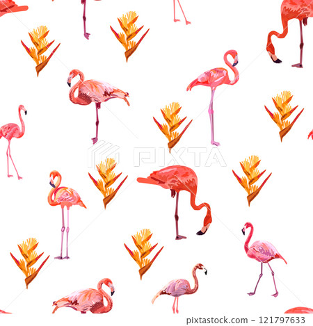 Seamless pattern with cute flamingo with tropical monstera and palm leaves, swimwear fabric 121797633